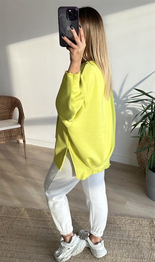 Pileli Yanları Yırtmaçlı Yeşil Sweat