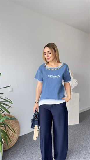 Beyond Yazılı Kot Garnili Tshirt
