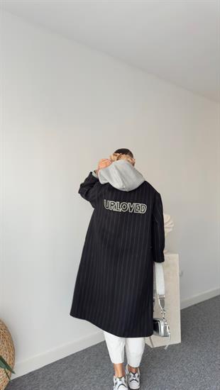 Çizgili Kapüşon Detay Sırt Yazılı Kaşe Kaban