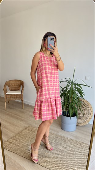 Pembe Desenli Cepli Keten Elbise