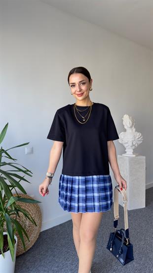 Mavi Piliseli Penye Basic Elbise 