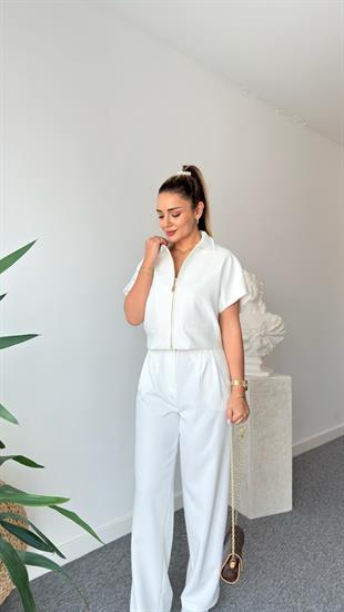 Beyaz Fermuarlı Zra Model Ceket Takım