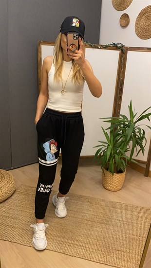 File Detaylı Siyah Mickey Eşofman Altı