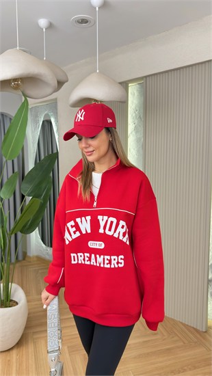 New York Yazılı Kırmızı Sweatshirt