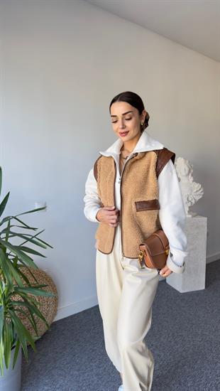 Kahve Deri Detaylı Teddy Yelek