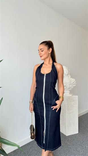 Reyes Marka Model Fermuarlı Lacivert Jean Elbise 