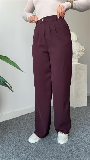 Bordo Gold Düğme Bel Lastikli Pantolon