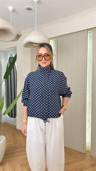 Polka Puantiye Desen Lacivert Ceket