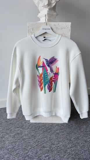 Kuş Baskılı Beyaz Sweatshirt