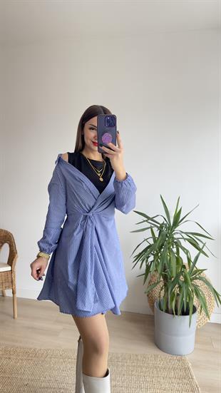 Tasarım Atletli Çizgili Poplin Elbise 