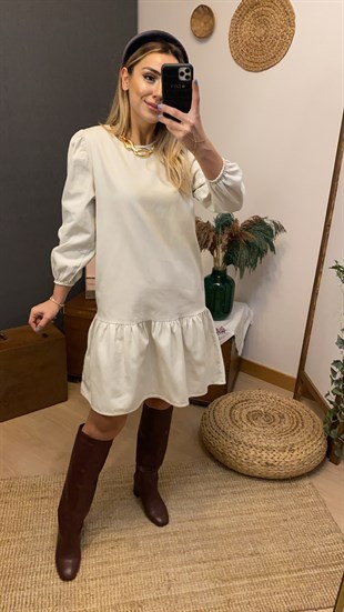 Kolu Büzgülü Kemerli Ekru Kot Elbise