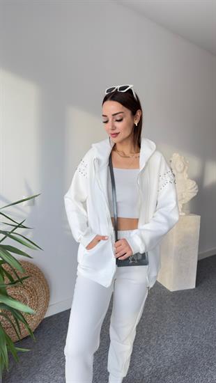 Orj Model Kolları Taşlı Beyaz Sweat