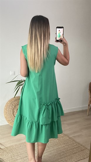 Kolsuz Fırfırlı Yeşil Poplin Elbise 