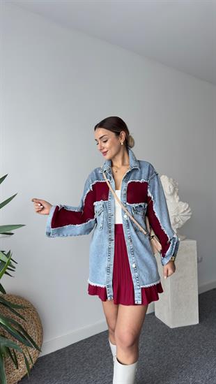 Babel Bordo File Detaylı Salaş Jean Ceket
