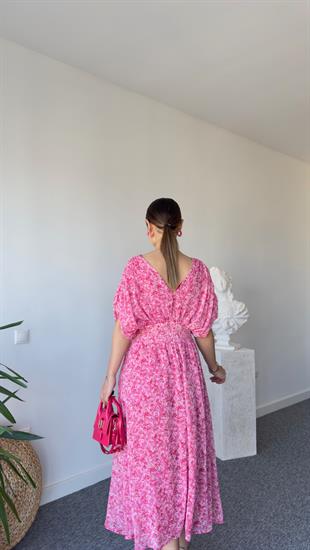Pembe Çiçek Desen Bel Büzgü Maxi Elbise 