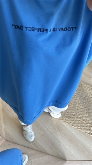 İki iplik Yazılı Salaş Mavi Sweat