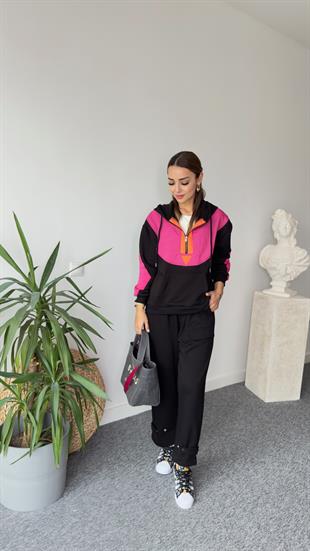Flat Yarım Fermuar Fuşya Detay Sweat