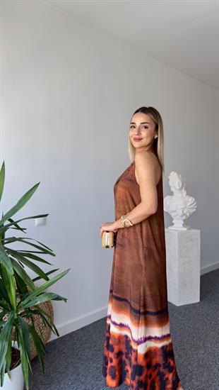 Kahve Etek Ucu Desenli Elbise