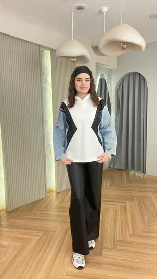 Beyaz Kot Ve Deri Garnili Kapüşonlu Sweatshirt