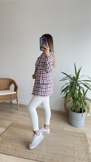Kırmızı Mavi Ekoseli Blazer Ceket 