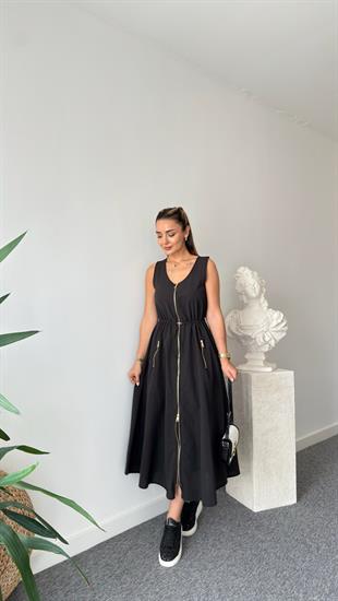 Siyah Reid Bel Büzgülü Fermuarlı Elbise