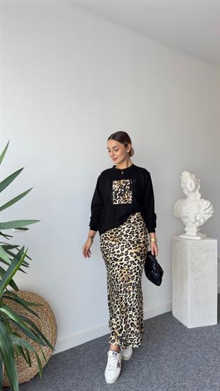 Ricar Sarı Leopar Desenli Etek Sweat Takım