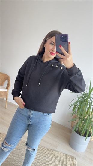 Omzu Taşlı Kapüşonlu Siyah Sweat