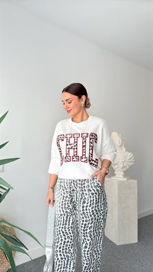 Chıc Leopar Yazılı Beyaz Sweatshirt