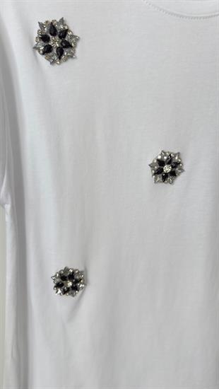 Beyaz Yuvarlak Taşlı Tshirt