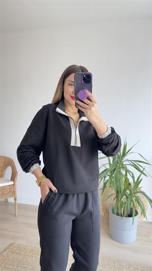 Yarım Fermuar Paraşüt Detay Siyah Sweat