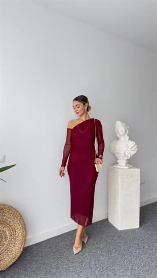 Lopez Astarlı Bordo Tül Elbise 