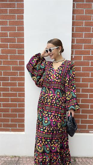 Nicol Renkli Geometrik Desen Maxi Elbise