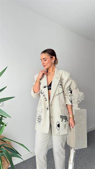 Jansen Nakış Detaylı Çizgili Blazer Ceket