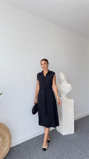 Revo Orj Marka Kuşaklı Siyah Tensel Elbise 