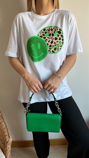 Yeşil Beyaz Leopar Baskı Tshirt