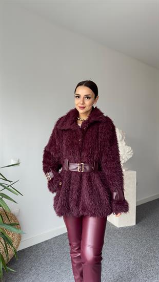 Premıum Deri Detaylı Bordo Peluş Mont 