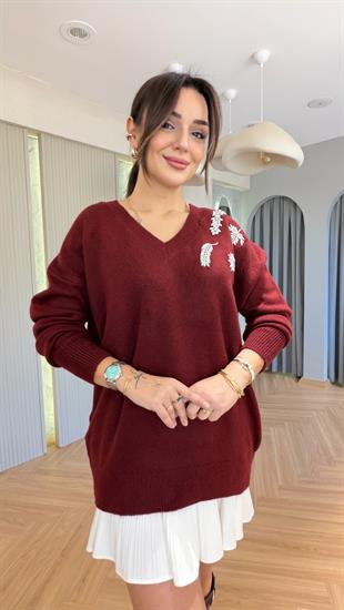 Bordo Taş Detaylı V Yaka Kazak