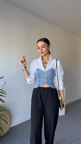Granj Fermuarlı Kot Detay Beyaz Gömlek
