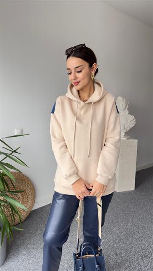 Sırt Kot Detaylı Kapüşonlu Bej Sweat
