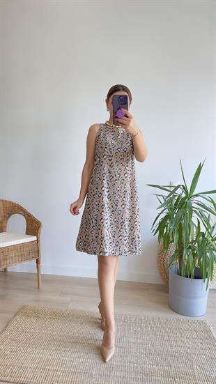 Rovena Leopar Desenli Kahve Elbise 