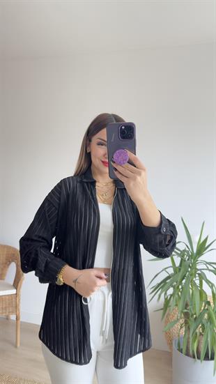 Fermuarlı Şerit Detay Siyah Ceket