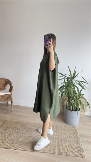 Oversize Haki Kapüşonlu Elbise 