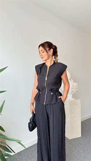 Siyah Rafto Taş Detaylı Yelek Pantolon Takım