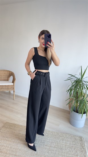 Kemerli Bol Paça Siyah Pantolon