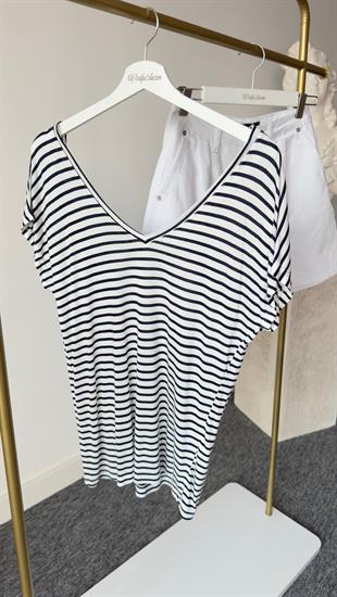 Ön Arka V Yaka Çizgili Tshirt Beyaz 