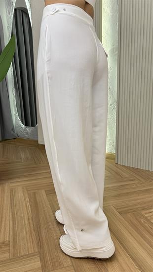 Beyaz Paça Düğme Detaylı Pantolon