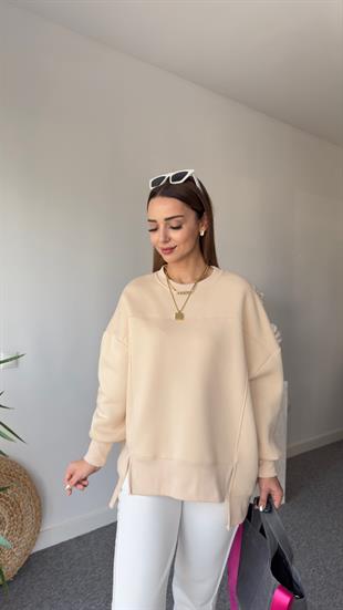 Etek Ucu Asimetrik Bej Sweatshirt