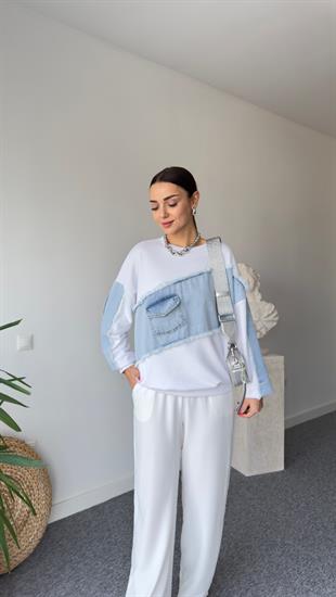 Moren Asimetrik Kotlu Beyaz Sweatshirt