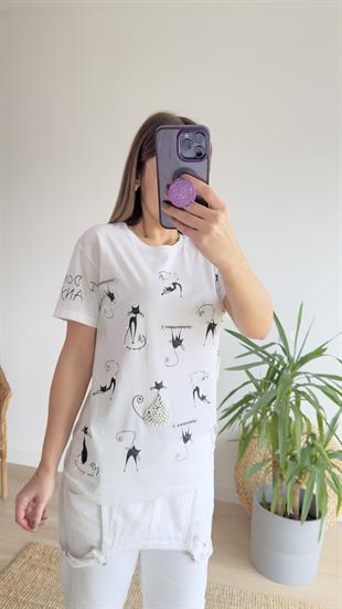 Kedili Beyaz Taşlı Tshirt