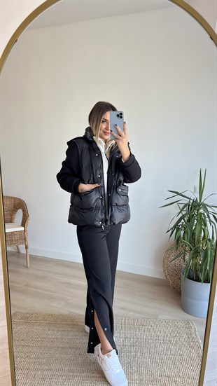 Kolları Penye Detaylı Siyah Şişme Mont